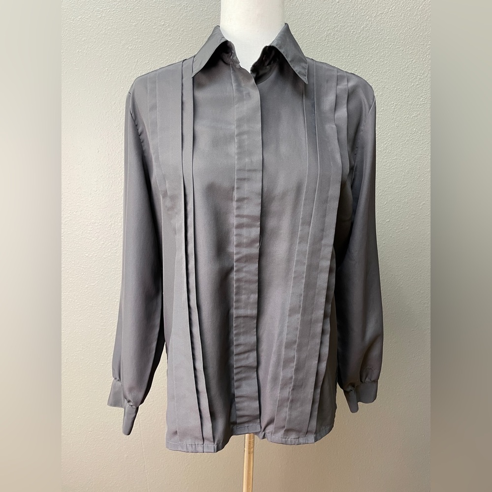 Laura Scott Vintage Grey Polyester Long-Sleeved Collared Pleated Blouse